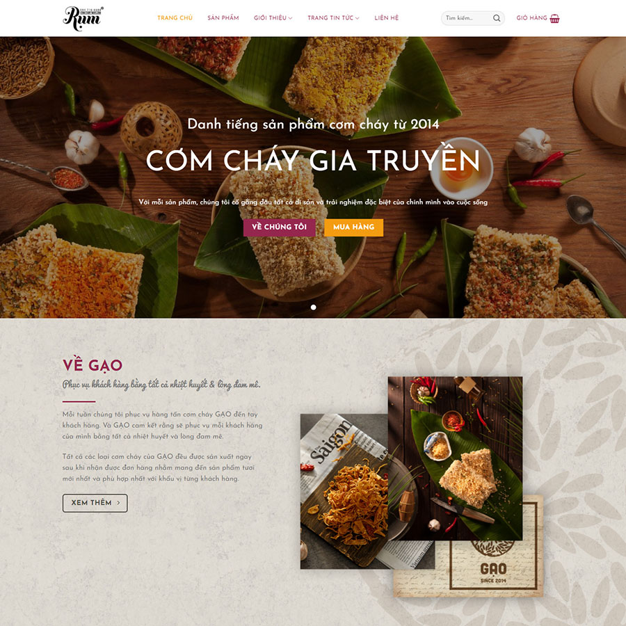 Mẫu website bán cơm cháy, đồ ăn vặt